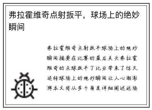 弗拉霍维奇点射扳平，球场上的绝妙瞬间